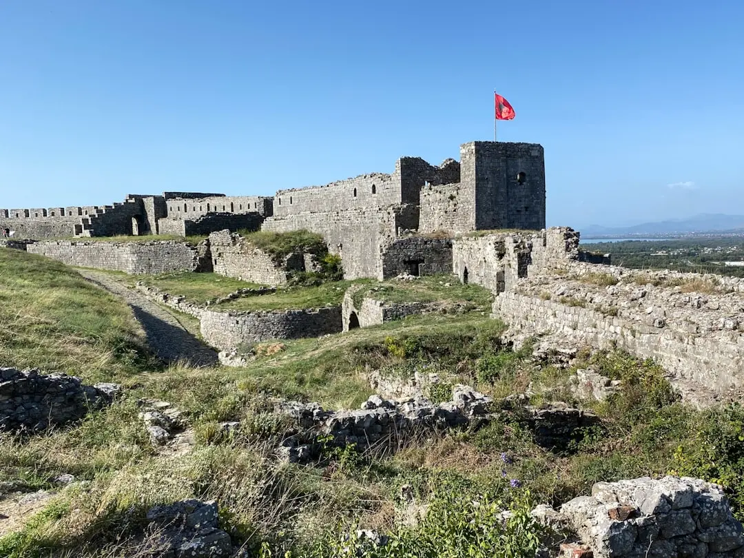 The hilltop stone ruins of Drisht Castle above the village near Shkodra
