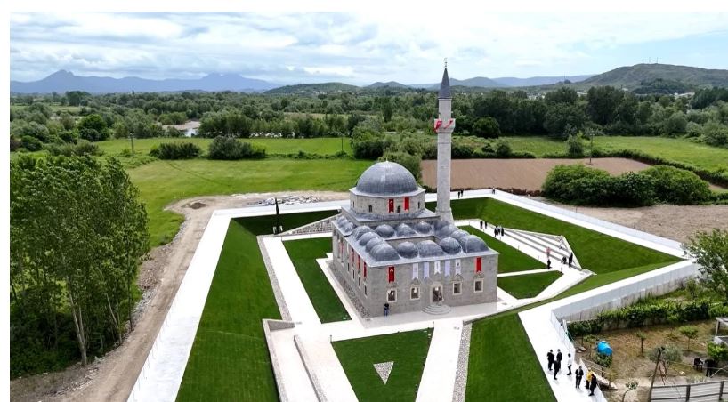 Aerial view of the Lead Mosque (Xhamia e Plumbit) with its grey domes near Shkodra
