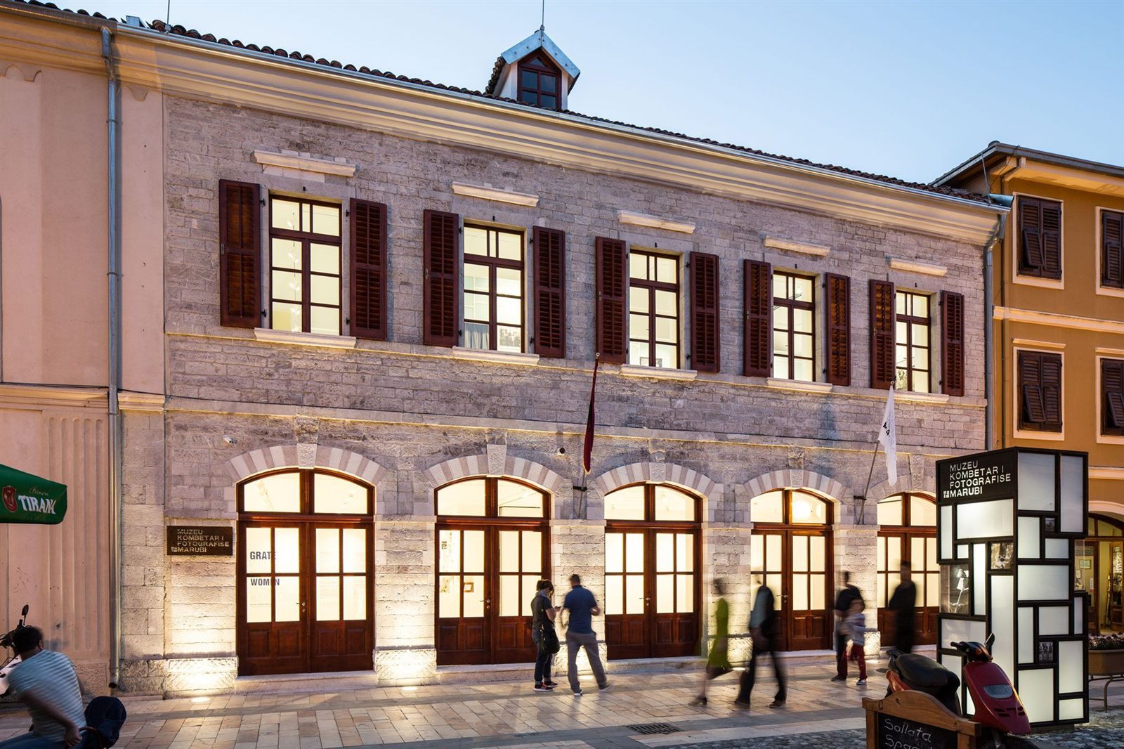 The Marubi National Museum of Photography building in Shkodra lit at dusk