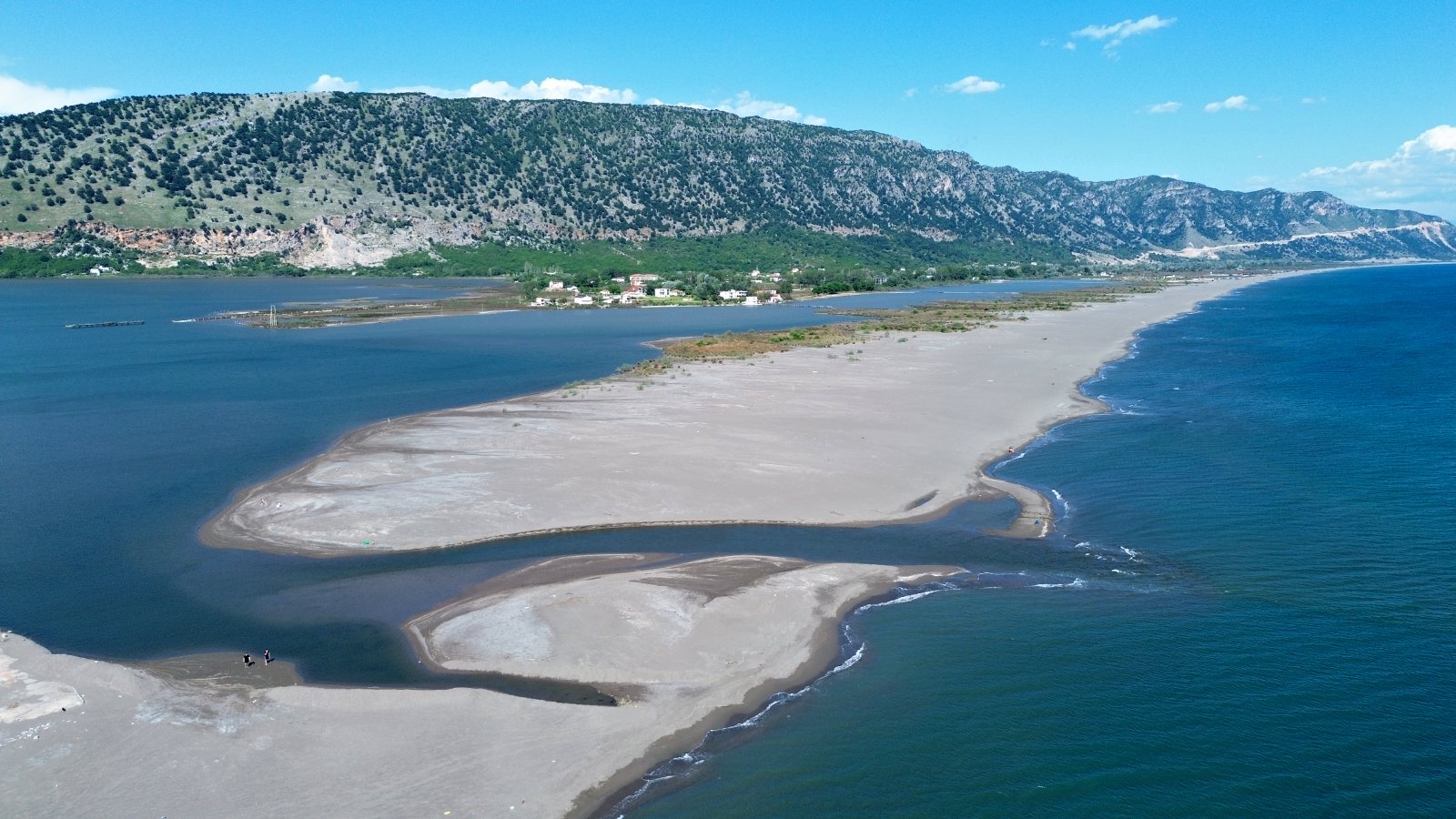 Aerial view of the sandy spit and lagoon at Rrjoll beach near Shkodra